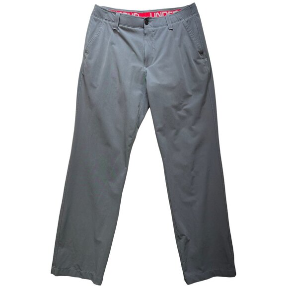 Under Armour Men's Slim Tapered Pants Flat Front Size 34x32 Gray Stretch Pockets - Picture 1 of 13